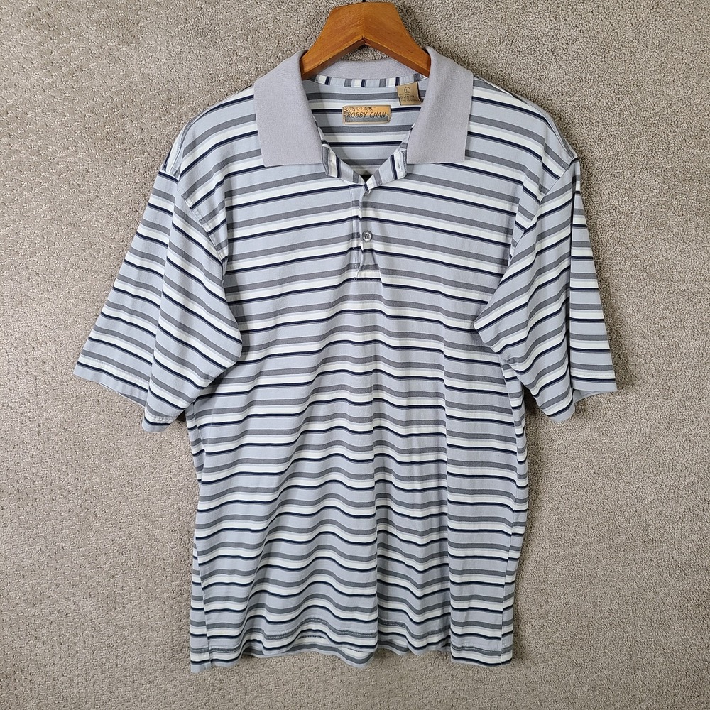 Bobby Chan Shirt Mens L Gray Striped Silk Blend Polo Golf Rugby Vacation‎ Preppy
